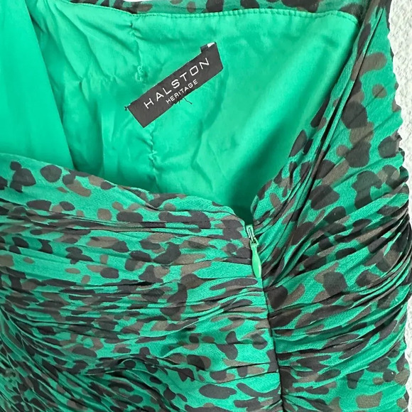 Halston Heritage One Shoulder Asymmetrical Ruched Emerald Cheetah Print Dress - Picture 12 of 14